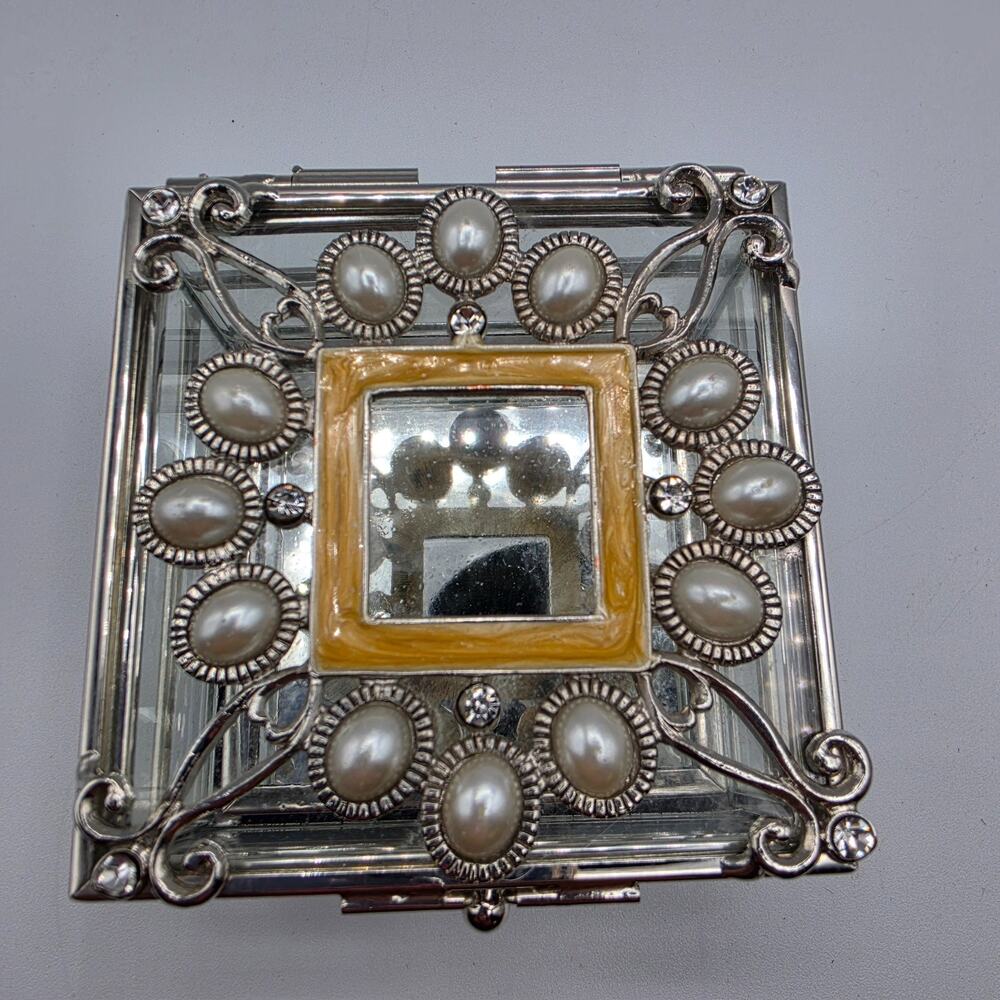 Vintage Style Glass Jewelry Trinket Box Faux Pearl Floral Mirrored Bottom Silver